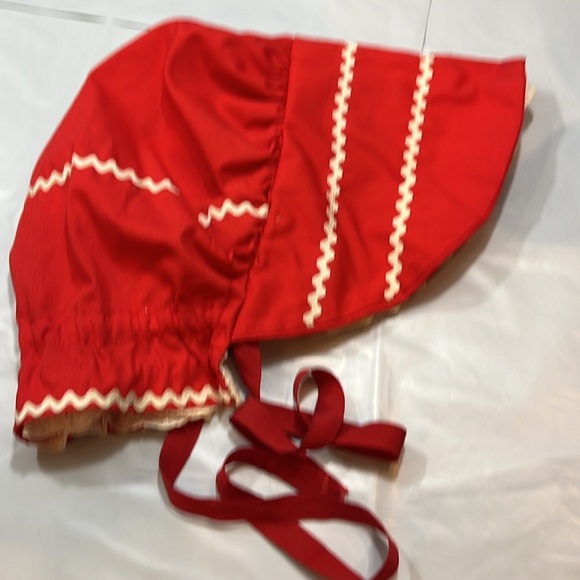 Red Prairie BONNET HAND MADE lace ruffle trim ribbon neck tie costume OS womens - Picture 10 of 13